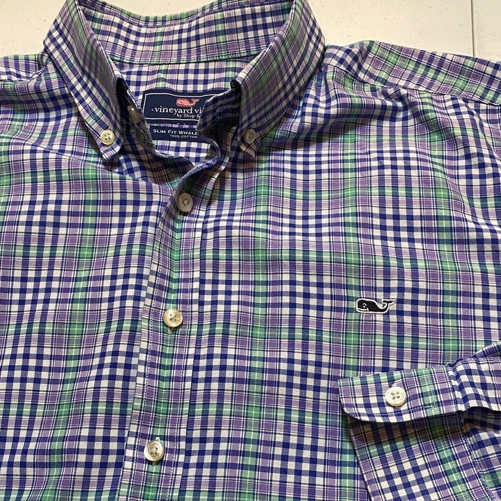 Vineyard Vines Men's Purple and Green Checkered Shirt XL